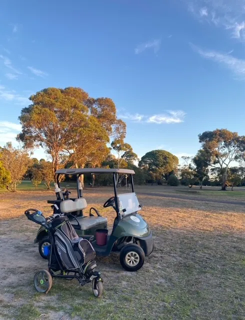 A golf cart and a buggy on the course at Winchelsea in late afternoon light, with gum trees behind