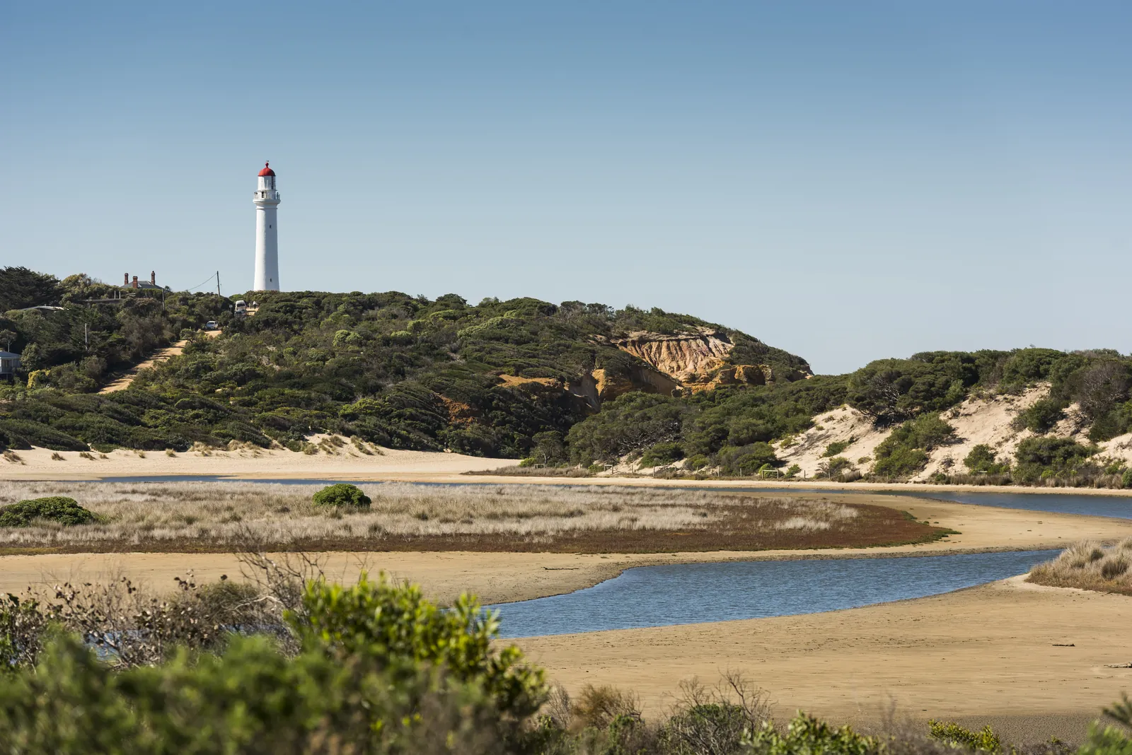 Aireys Inlet and the coast around Split Point, with the lighthouse across the inlet