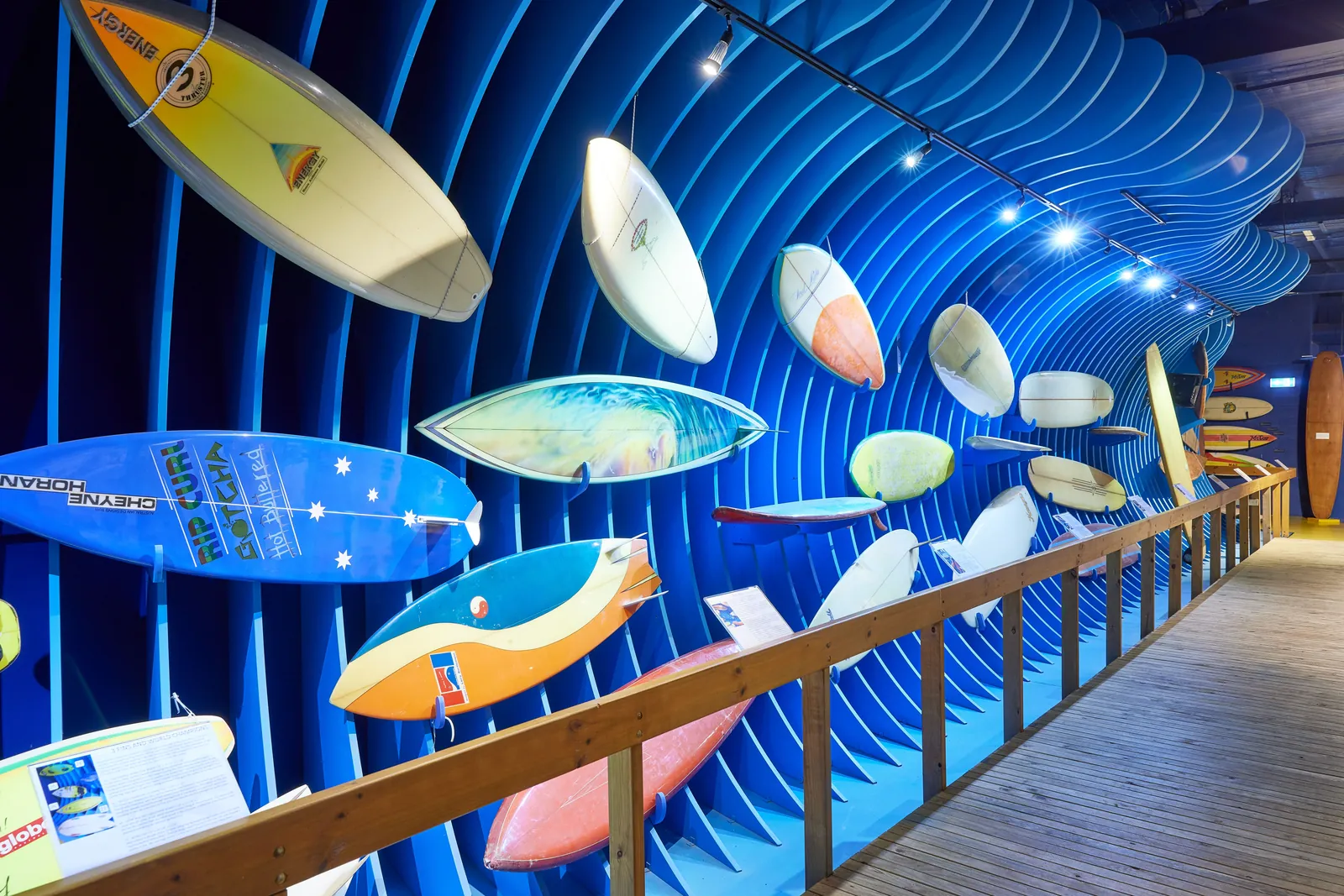 Surfboards displayed along a curved blue wall at the Australian National Surfing Museum