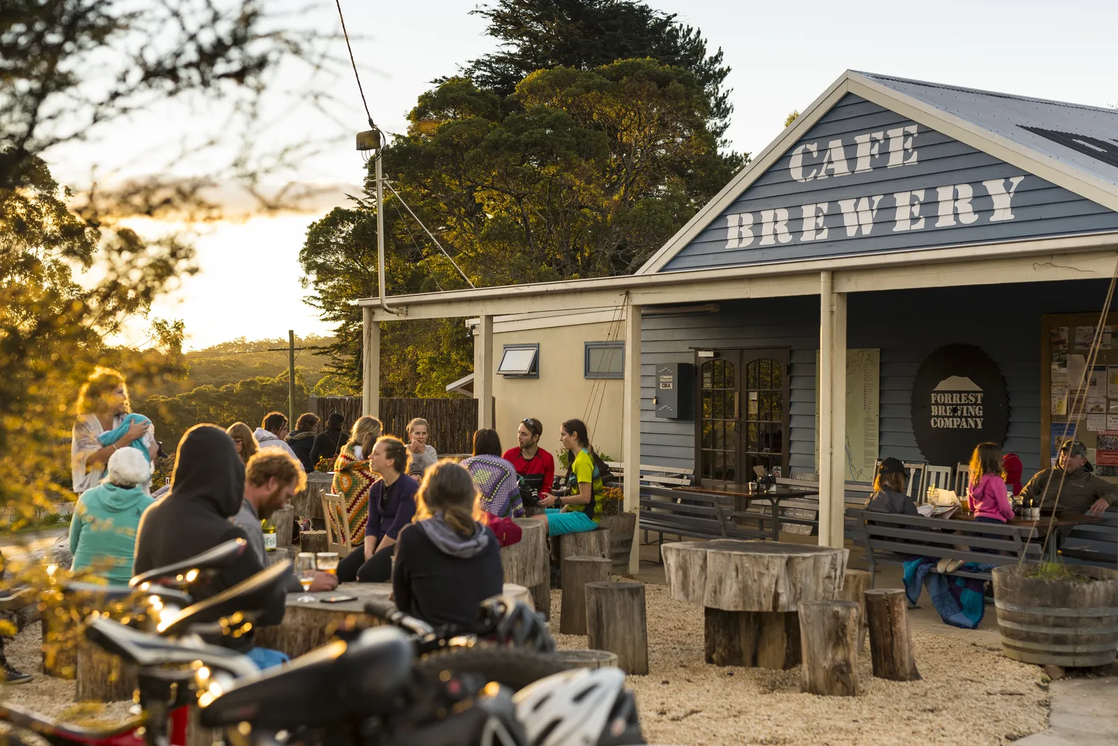 People in the garden outside Forrest Brewing's cafe and brewery in 2016