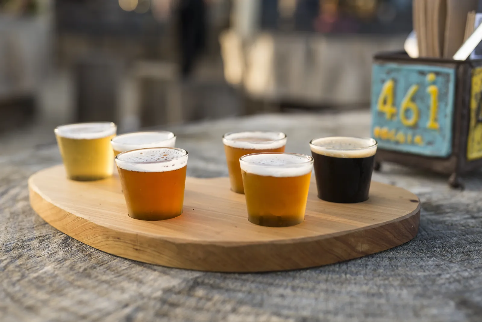 A tasting paddle of Forrest Brewing beers