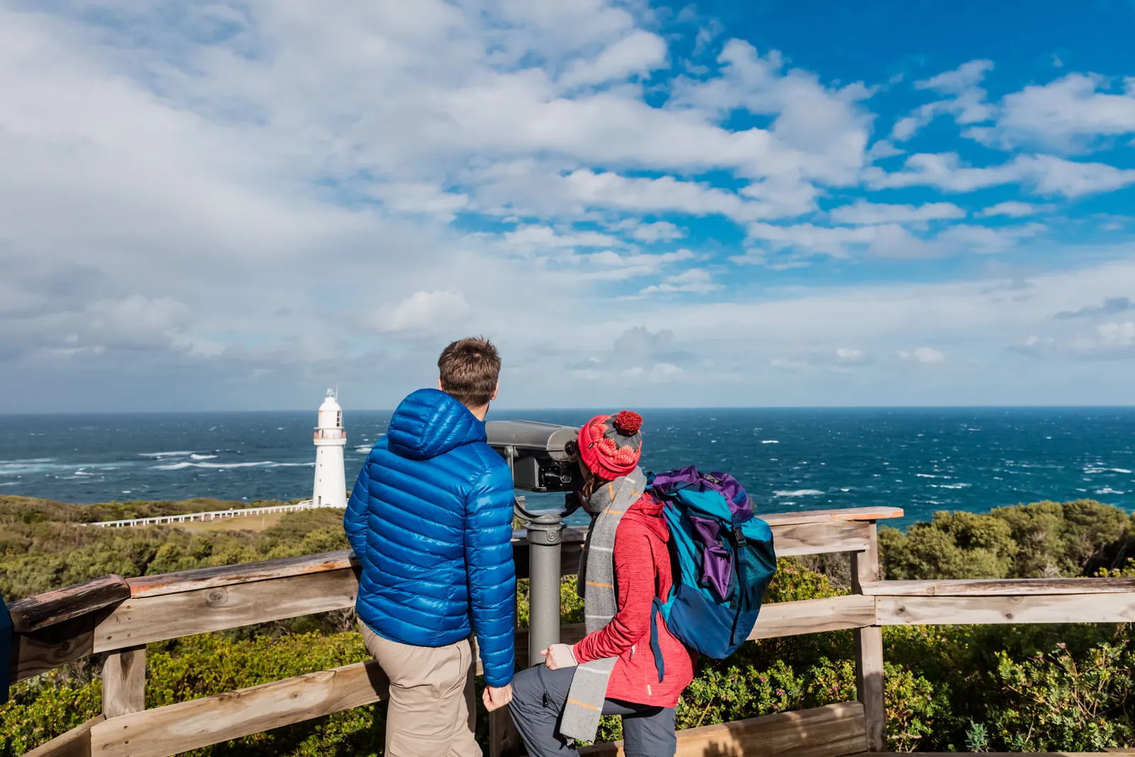 Visitors looking out to sea from the Cape Otway Lighthouse grounds