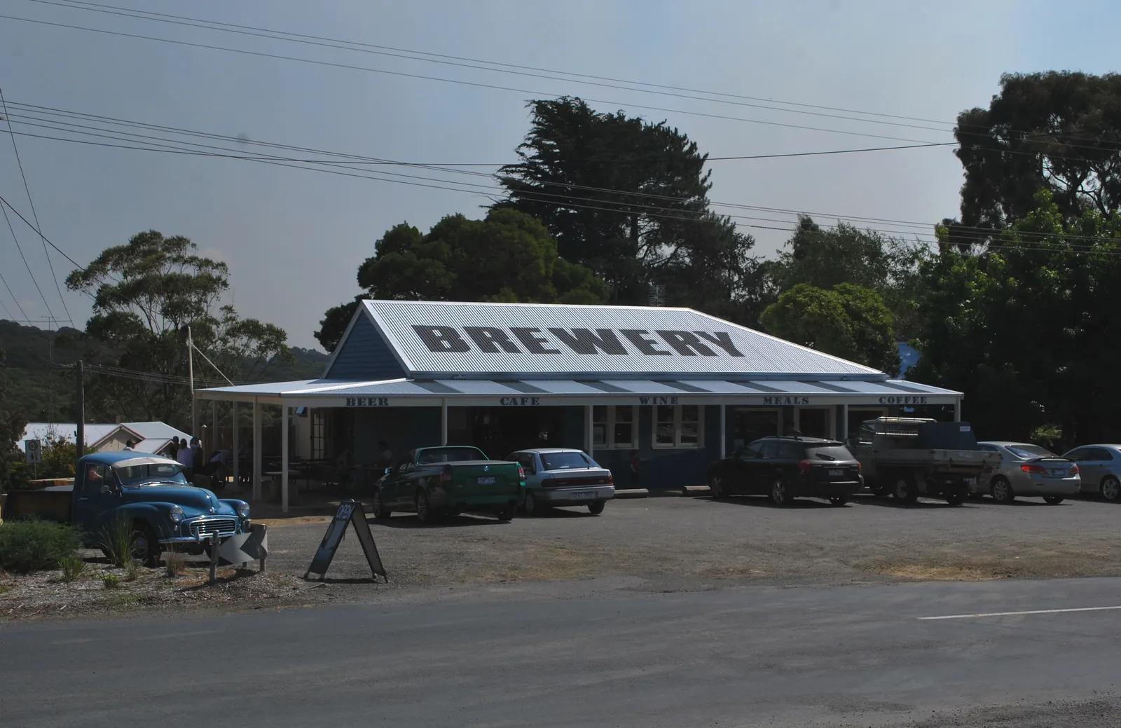 The Forrest Brewing Company building, the old general store with BREWERY painted on its roof, on the main street of Forrest