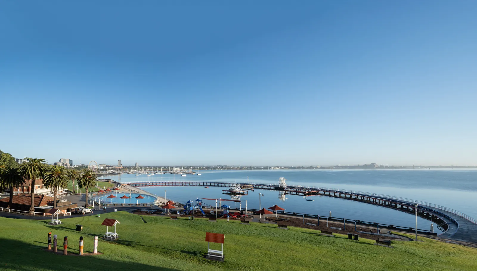 View over Eastern Beach sea baths and the Geelong foreshore