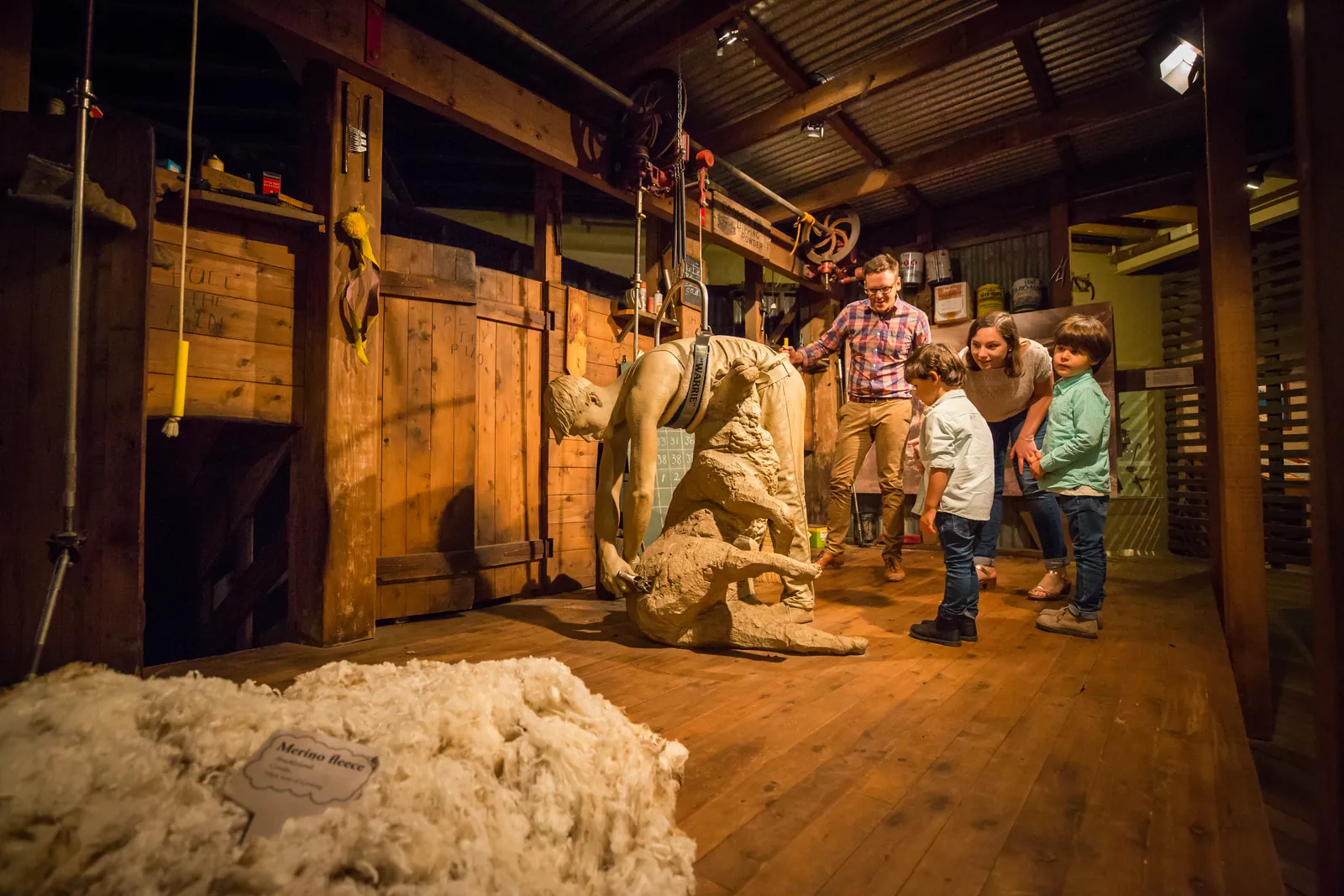 An exhibition inside Geelong's National Wool Museum, with visitors looking at wool displays