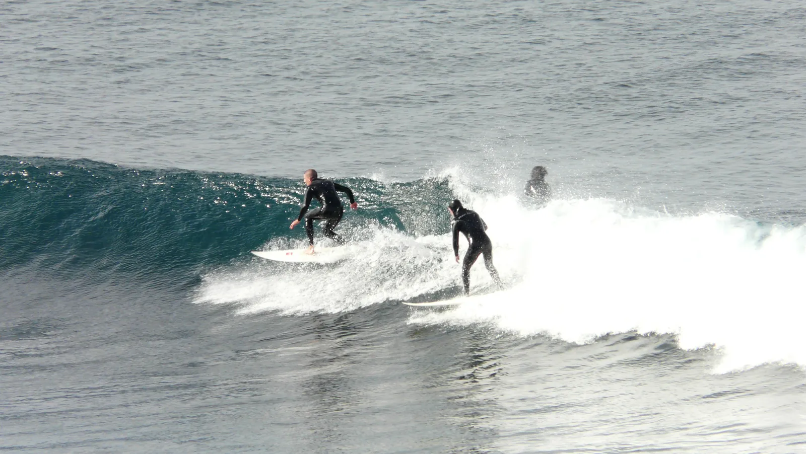 Two surfers riding the same wave at Bells Beach, with another paddling out behind