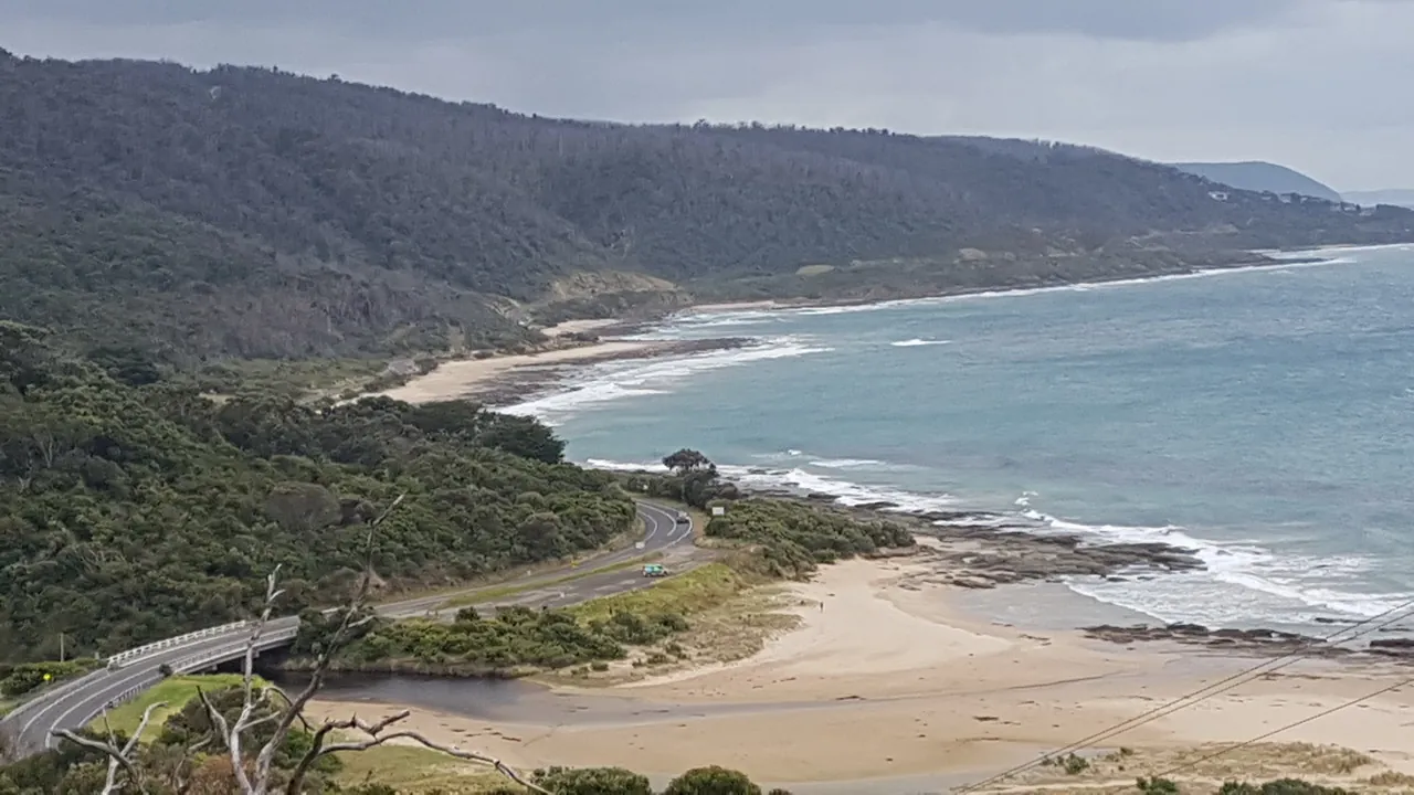 View east over Kennett River and the Great Ocean Road from a hill on Grey River Road