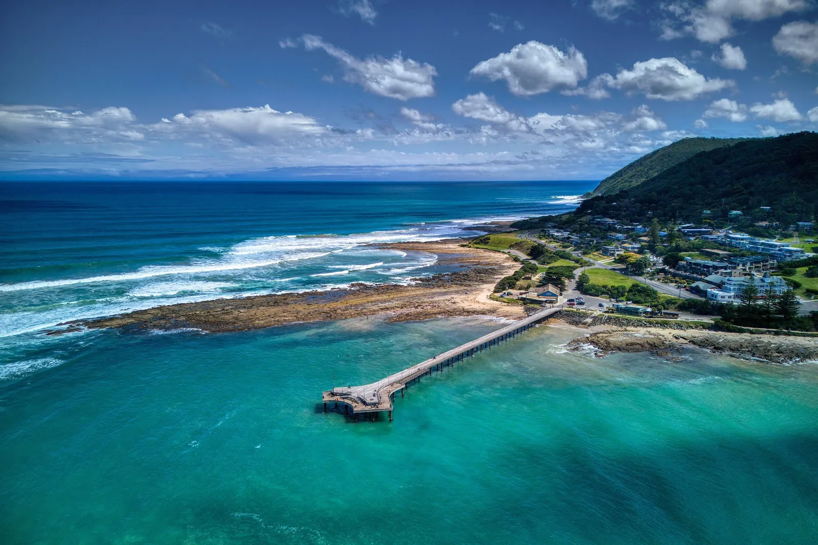 Aerial view of Lorne pier, Point Grey and the town on Loutit Bay