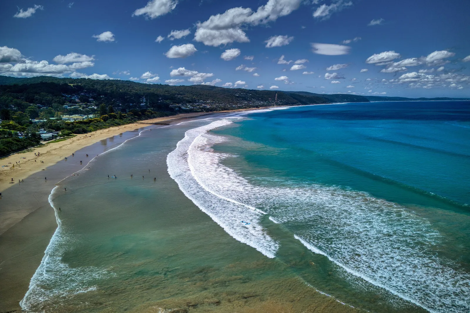 Aerial view of Lorne main beach curving around Loutit Bay