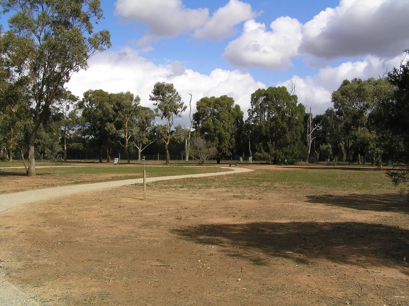 A gravel path curving through open ground and eucalypts at Serendip Sanctuary