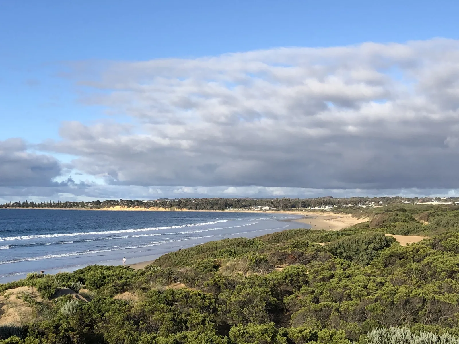 Fishermans Beach, Torquay, seen from the dunes with Front Beach and the town beyond