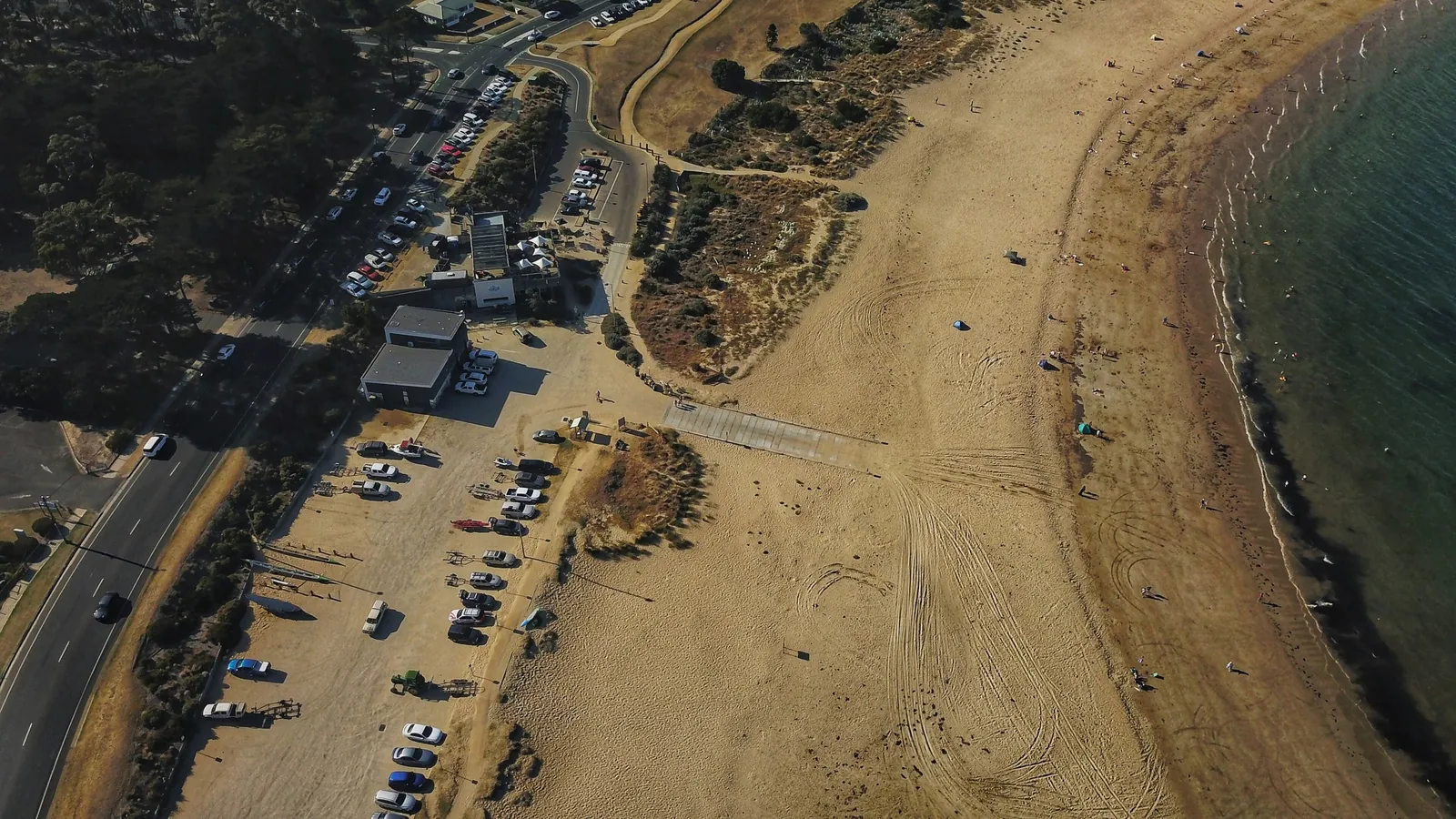 An aerial view of Fishermans Beach and Torquay's coastline