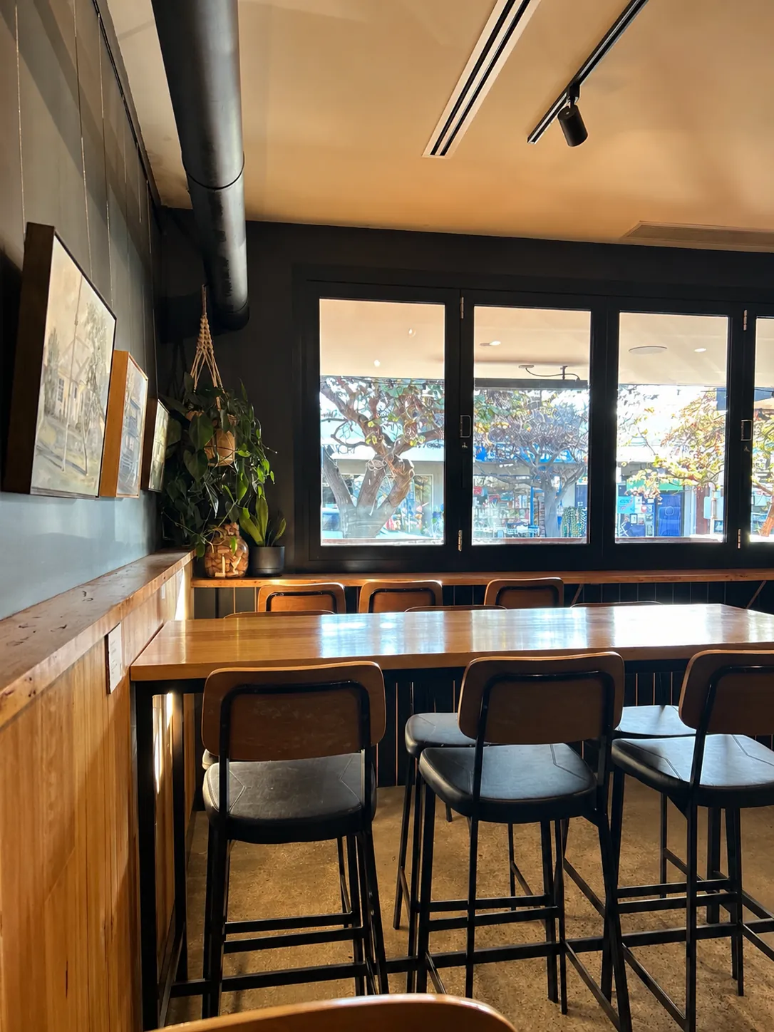 Bar stools at a timber counter along the front windows of Torquay Wine Store