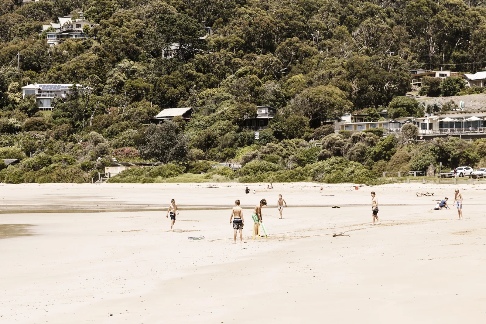 Wye River beach below the wooded hillside, with the river mouth at one end
