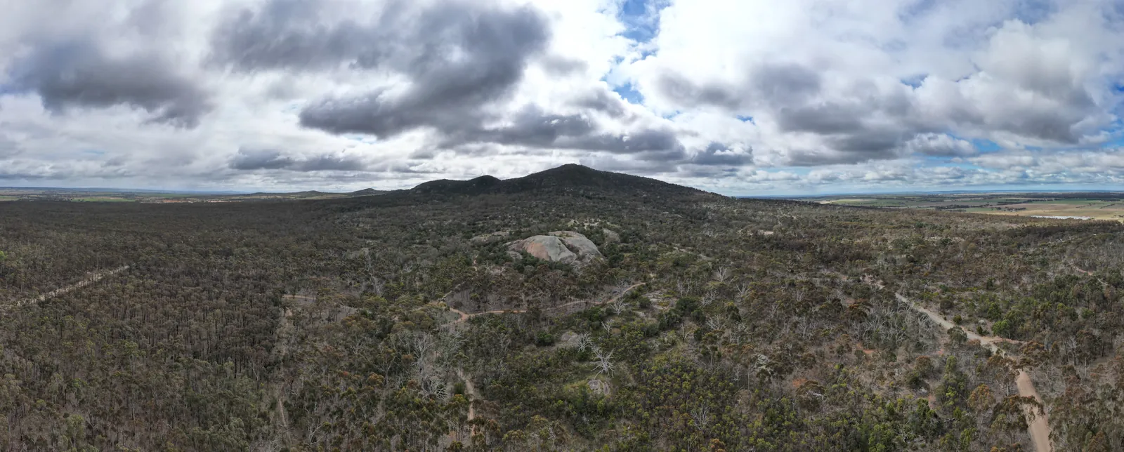 Aerial panorama of the You Yangs, with granite boulders in the bush and the main peak under a cloudy sky